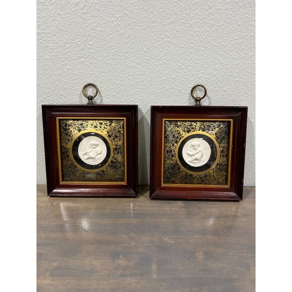 Set 2 Vintage High Relief Ceramic Porcelain Cherub Gold Gild Convex Framed Wall - Picture 1 of 8